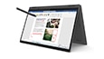 The graphite grey IdeaPad Flex 5 laptop, folded as a stand-up tablet with stylus