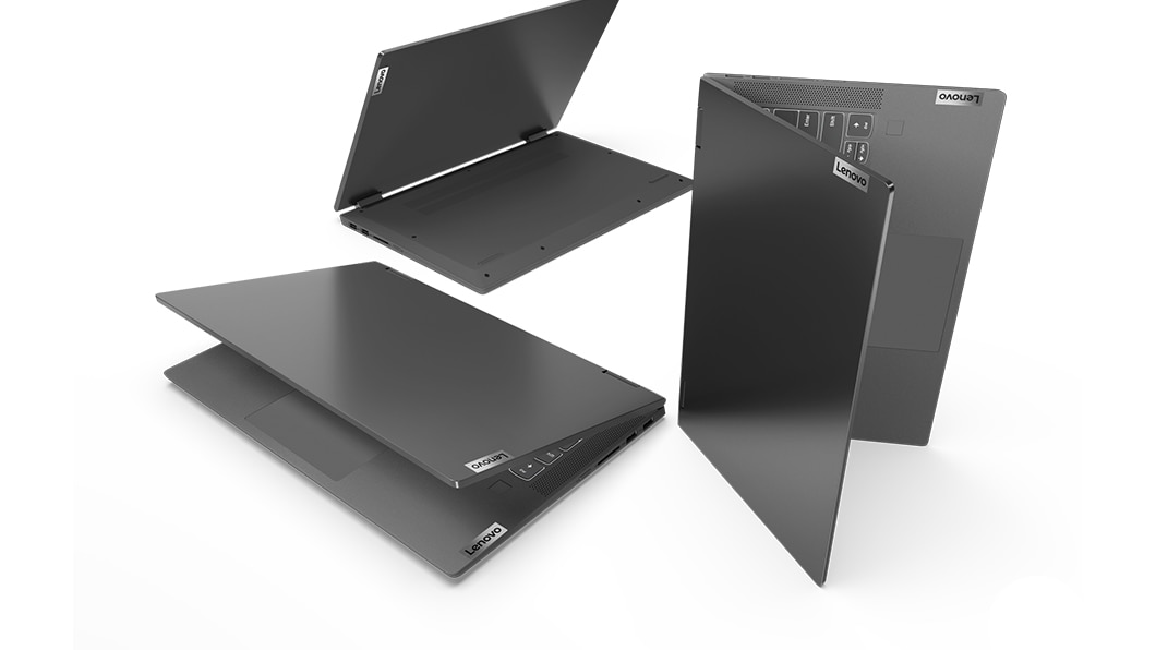 Drei anthrazitfarbene IdeaPad Flex 5 Notebooks in verschiedenen Positionen