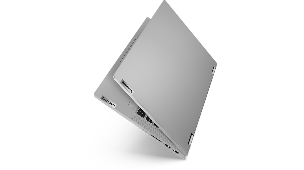 De platinagrijze IdeaPad Flex 5-laptop, bijna dichtgeklapt
