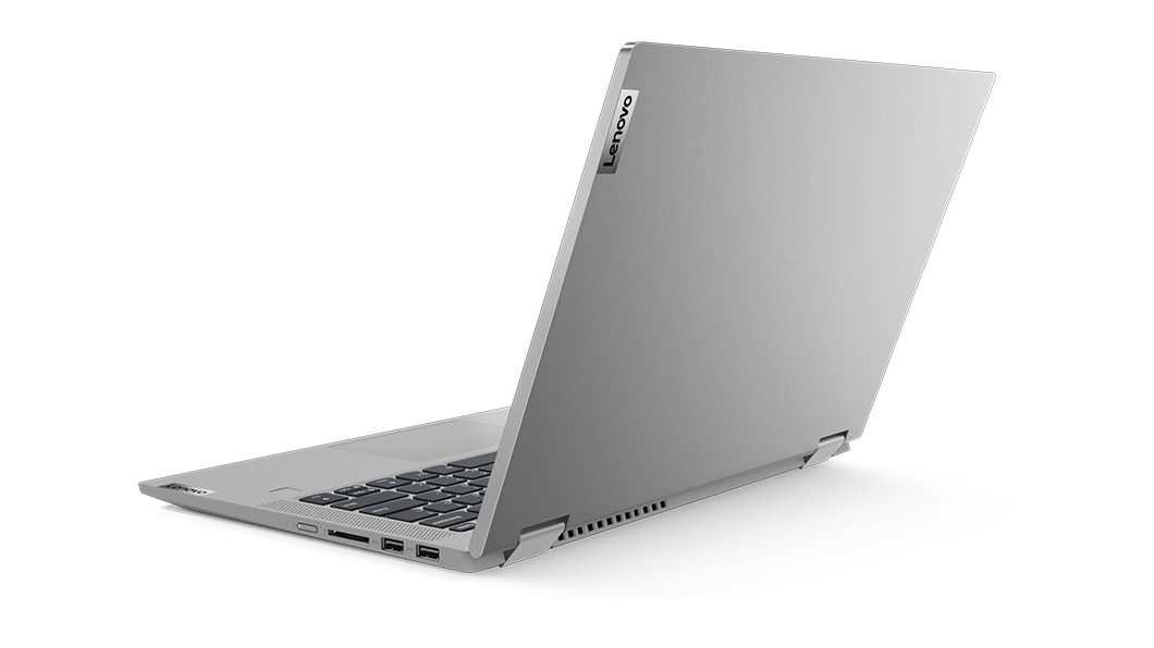 Left angle rear view of the platinum grey IdeaPad Flex 5 laptop