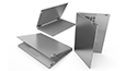 Three platinum grey IdeaPad Flex 5 laptops in various positions