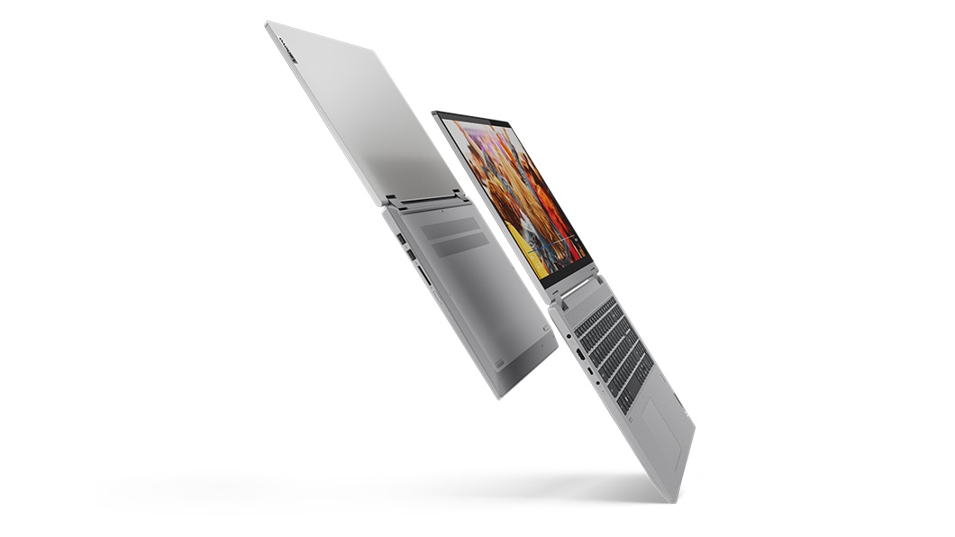 Zijaanzichten van de 15'' IdeaPad Flex 5-laptop, plat opengeklapt