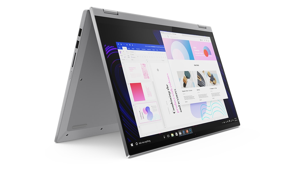 The 15-inch IdeaPad Flex 5 laptop folded like a stand-up tablet