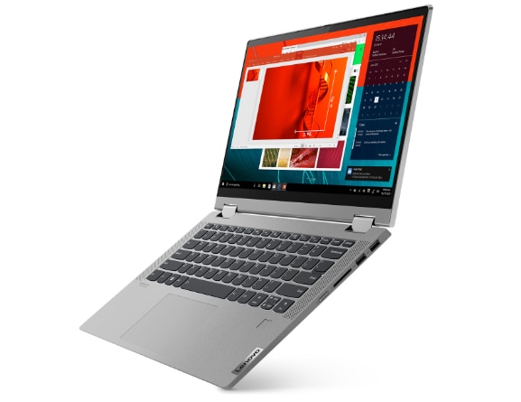 IDEAPAD FLEX 5 (15″ AMD) PLATINUM GREY IN LAPTOP MODE, FRONT VIEW FACING LEFT, RIGHT SIDE VIEW