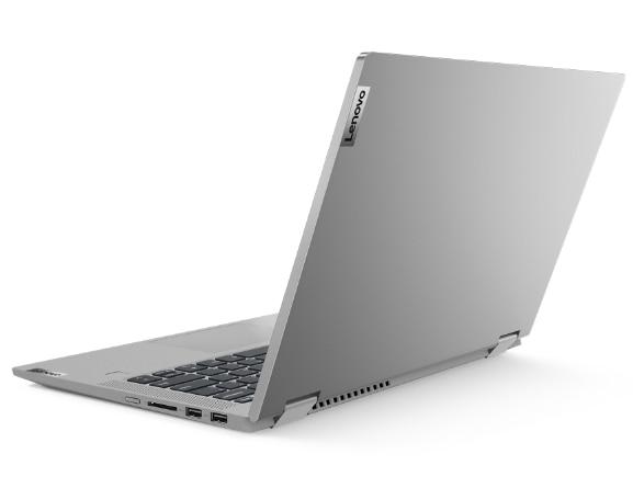 IDEAPAD FLEX 5 (15″ AMD) PLATINUM GREY IN LAPTOP MODE, REAR VIEW FACING LEFT, LEFT SIDE VIEW