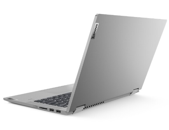 IDEAPAD FLEX 5 (15″ AMD) PLATINUM GREY IN LAPTOP MODE, REAR VIEW FACING LEFT, LEFT SIDE VIEW