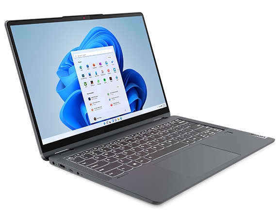Lenovo IdeaPad Flex 5 Gen 7 (14'' AMD) 2-in-1 laptop, ¾ profielaanzicht van links, laptopstand, klep open