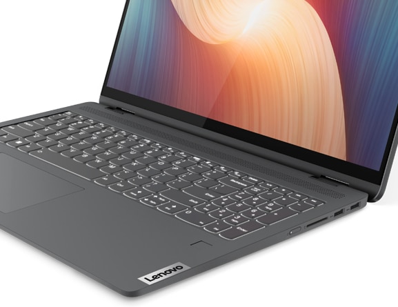 Lenovo IdeaPad Flex 5 Gen 7 (16” AMD) 2-in-1 laptop—cropped ¾ right view, laptop mode, lid open