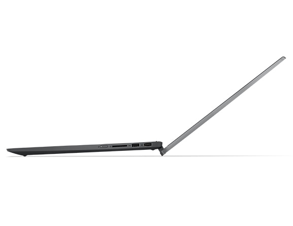 Lenovo IdeaPad Flex 5 Gen 7 (16” AMD) 2-in-1 laptop—right profile view, laptop mode, lid open, resting on drop-down hinge
