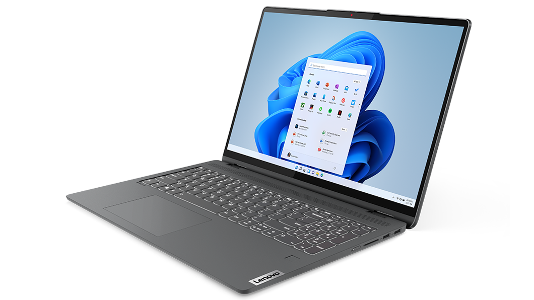 Lenovo IdeaPad Flex 5 Gen 7 (16'' AMD) 2-in-1 laptop, ¾ aanzicht van rechts, laptopstand, klep open