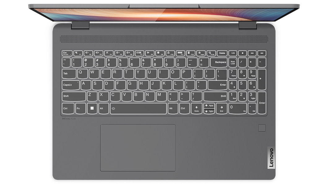 Lenovo IdeaPad Flex 5 Gen 7 (16'' AMD) 2-in-1 laptop—overhead view of keyboard, laptop mode, lid open