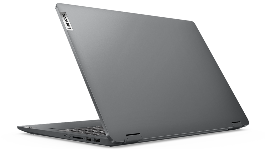 Vista a ¾ del lateral derecho trasero del portátil 2-en-1 Lenovo IdeaPad Flex 5 de 7.ª generación [40,64 cm (16''), AMD], en modo portátil y con la tapa parcialmente abierta
