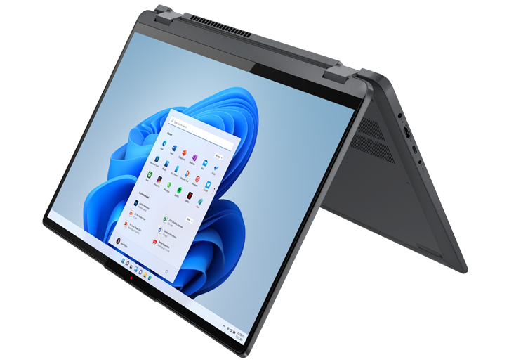 Lenovo IdeaPad Flex 5 Gen 7 (16” AMD) 2-in-1 laptop—¾ right view, tent mode