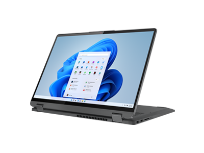 Lenovo IdeaPad Flex 5 Gen 7 (16” AMD) 2-in-1 laptop—¾ right view, stand mode