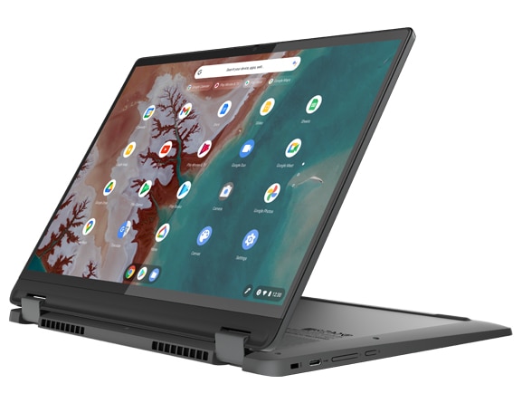 La portátil IdeaPad Flex 5i 7ma Gen (14″, Intel) en modo carpa (tent), siendo utilizada por una persona