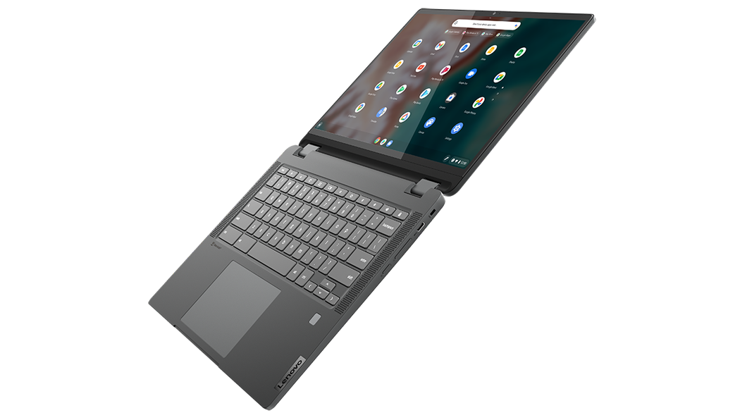 IdeaPad Flex 5i Chromebook Gen 7 (14'' Intel) – Dreiviertelansicht von rechts, Laptop-Modus, Deckel um 180 Grad geöffnet