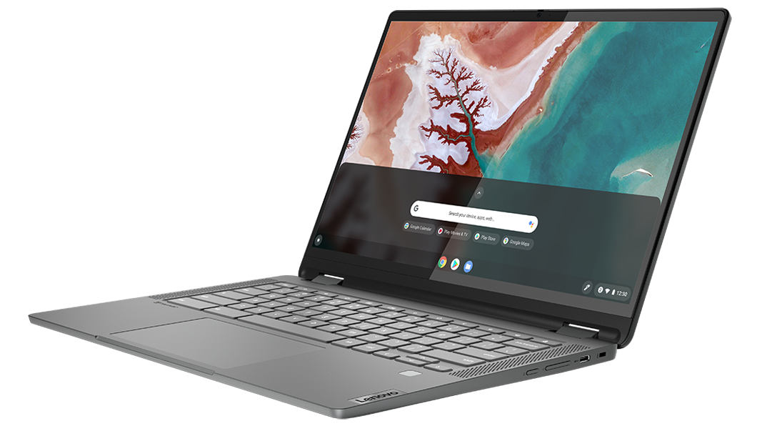 IdeaPad Flex 5i Chromebook Gen 7 (14'' Intel) – Dreiviertelansicht von rechts, Laptop-Modus, Deckel geöffnet