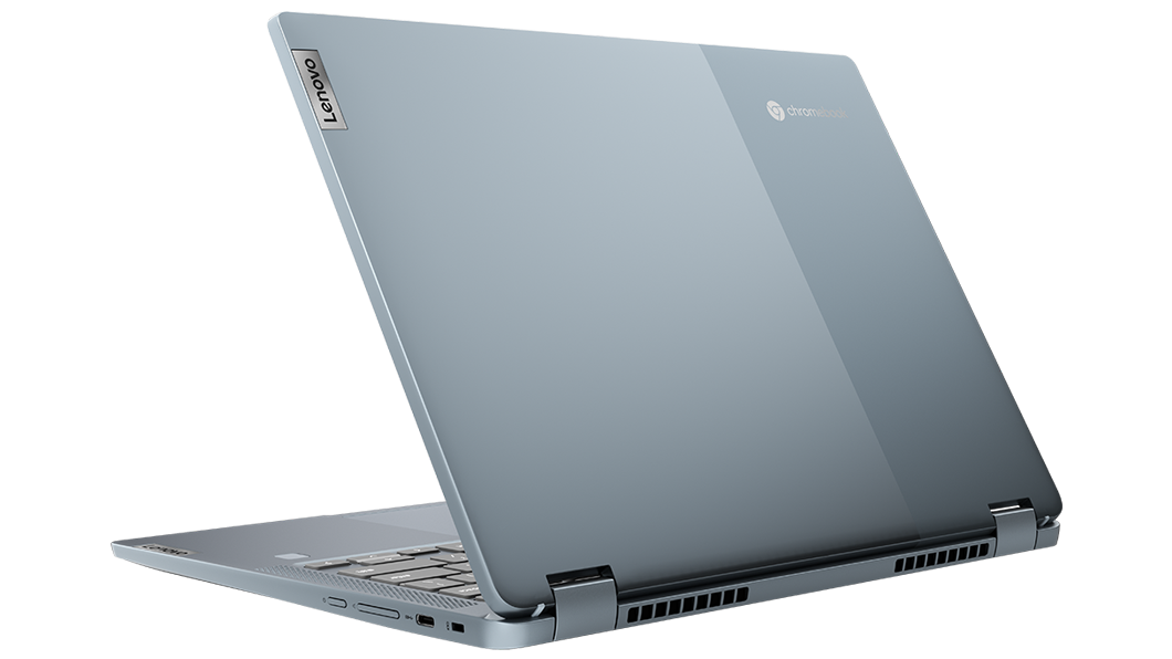 IdeaPad Flex 5i Chromebook Gen 7 (14'' Intel) – Dreiviertelansicht von hinten, Laptop-Modus, Deckel teilweise geöffnet