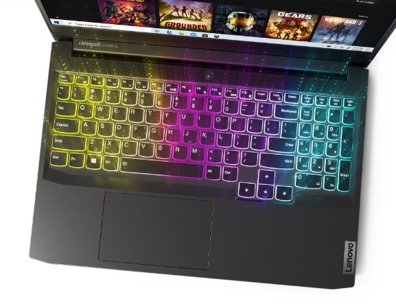 Lenovo IdeaPad Gaming 3 Gen 6 (15” AMD) laptop, top view showing keyboard with multicolor backlighting