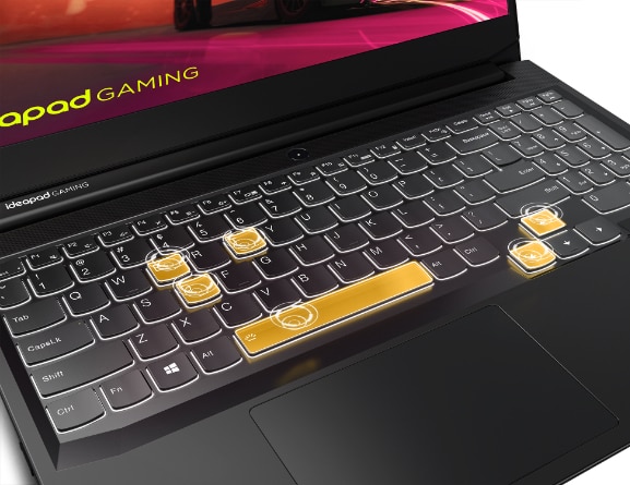 Lenovo IdeaPad Gaming 3 Gen 6 (15” AMD) laptop, closeup of keyboard with common gaming keys highlighted in yellow