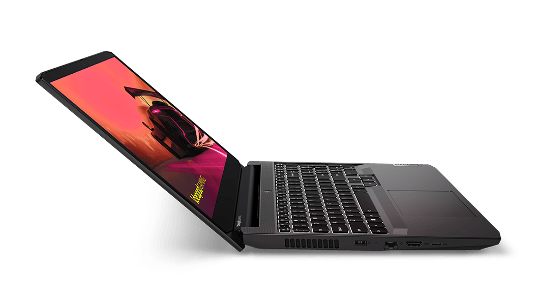 Vista lateral izquierda de la notebook gamer Lenovo IdeaPad Gaming 6ta Gen (15.6”, AMD) abierta a poco más de 90°