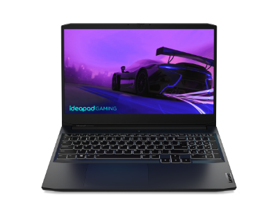 Lenovo IdeaPad Gaming 3i Gen 6 (15” Intel) laptop—front view with lid open and image of racecar on the display