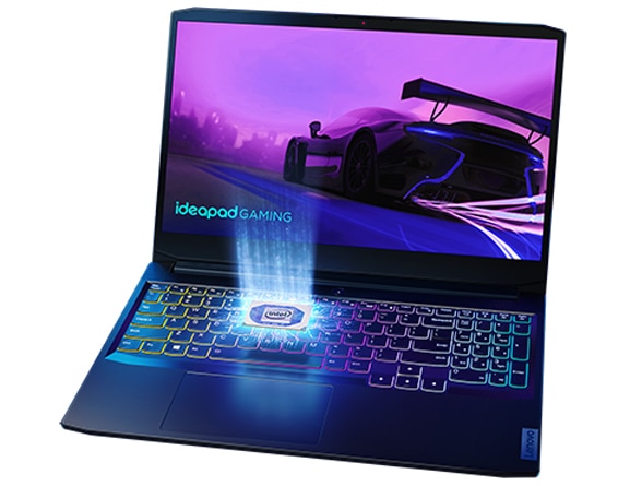 Lenovo IdeaPad Gaming 3i Gen 6 (15” Intel) laptop—front view with lid open and image of racecar on the display, plus Intel logo superimposed over the keyboard