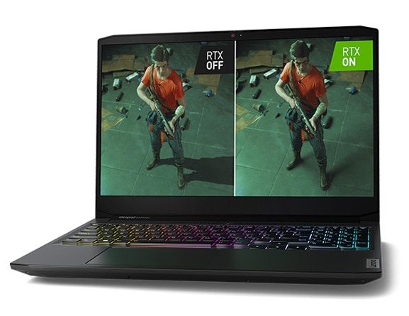 Lenovo IdeaPad Gaming 3i Gen 6 (15” Intel) laptop—front view with lid open and display showing side-by-side images of a man with a gun and ammo, one with “RTX ON” and the other with “RTX OFF”