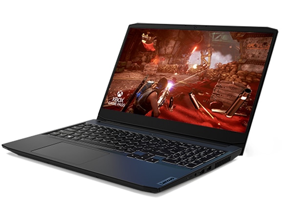 Lenovo IdeaPad Gaming 3i Gen 6 (15” Intel) laptop—3/4 left-front view with lid open and display showing a firefight in a game, with “XBOX GAME PASS” logo superimposed over the lower left corner