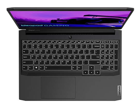 Imagen superior de la laptop Lenovo IdeaPad Gaming 3i de 6ta generación (15.6”, Intel) abierta a poco más de 90° con el teclado retroiluminado en blanco