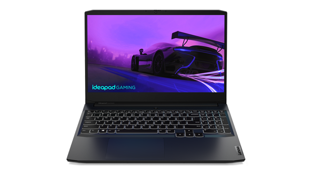 Lenovo IdeaPad Gaming 3i Gen 6 (15'' Intel) bærbar PC – sett forfra med lokket åpent og bilde av racerbil på skjermen