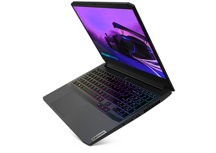 Imagen de semiperfil derecho de la laptop Lenovo IdeaPad Gaming 3i 6ta (15.6", Intel) abierta a 90° y con el teclado retroiluminado con luces LED RGB de 4 zonas