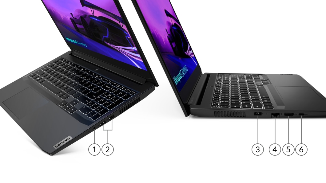 Két egymásnak fordított Lenovo IdeaPad Gaming 3i Gen 6 (15” Intel) laptop, melyek azonosításra alkalmas címkékkel mutatják be az aljzatokat a jobb és bal oldalon