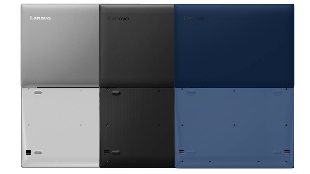 Top view of rear of Lenovo Ideapad S130 open 180 degrees in midnight blue, granite black, and mineral grey