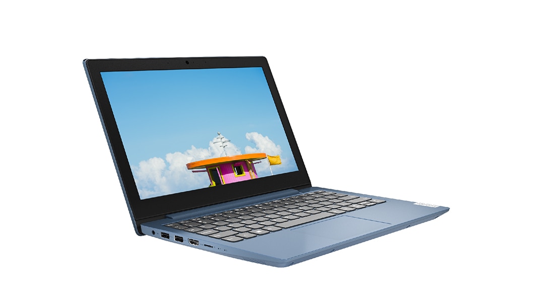Vue du côté gauche de l'ordinateur portable Lenovo IdeaPad S150 (11''), en couleur bleu glacier