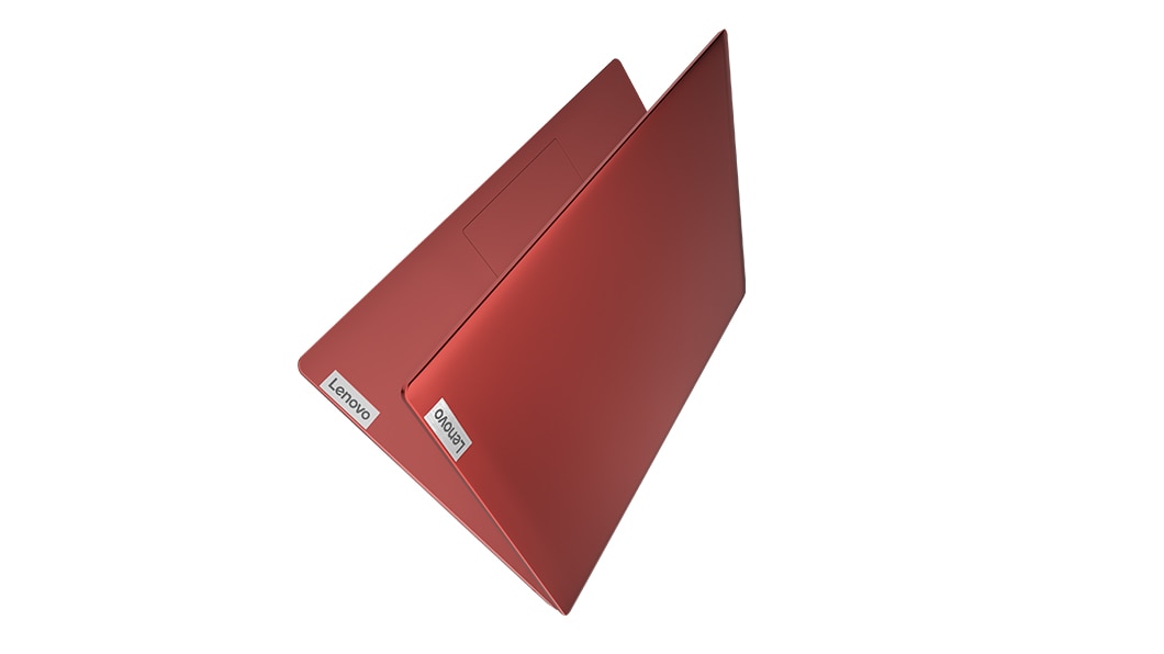 Folded angle view of the Lenovo IdeaPad S150 (14, AMD) laptop, flame orange color