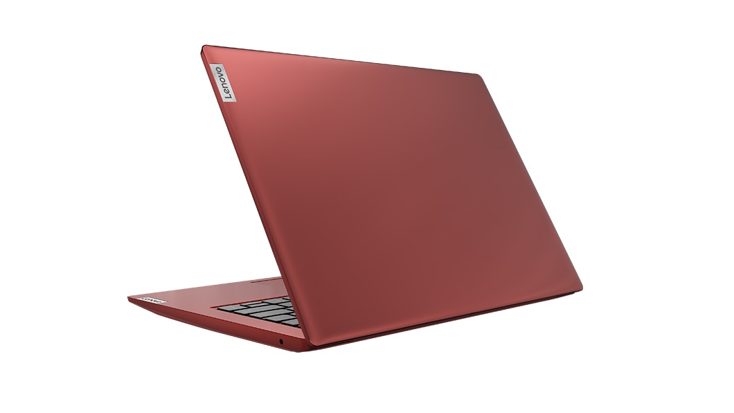 Rear angle view of the Lenovo IdeaPad S150 (14) laptop, flame orange color