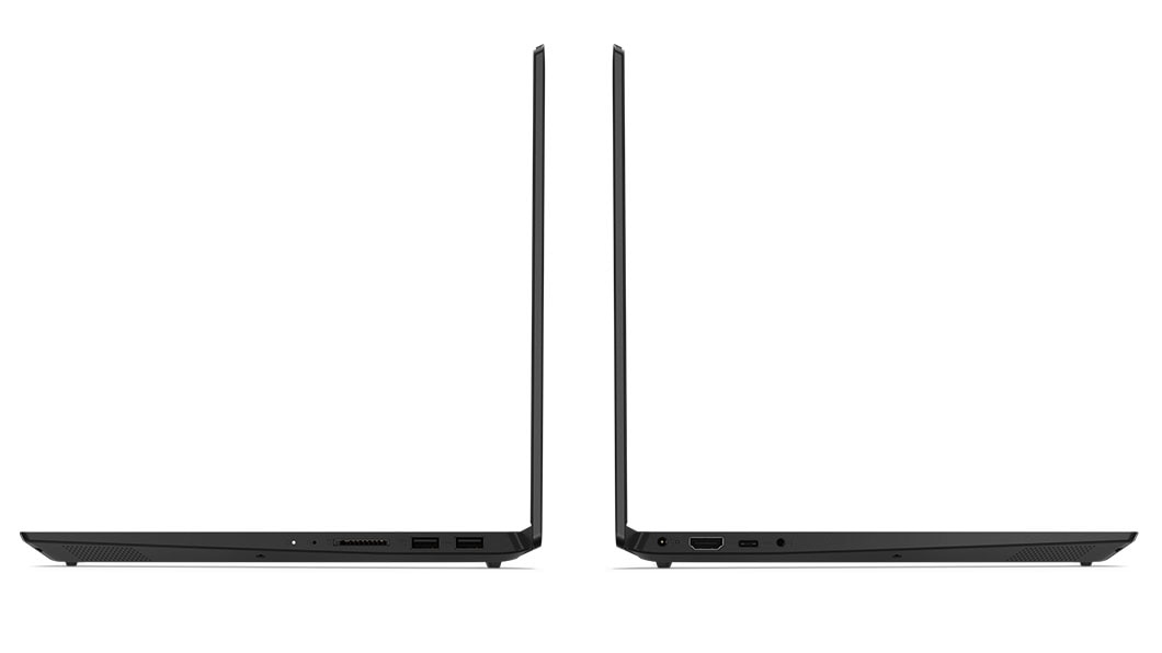 Left and right side view of two Lenovo IdeaPad S340 (14, AMD) open in laptop mode