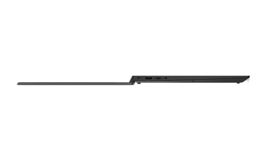 Side view of  Lenovo IdeaPad S340 (14, AMD) open 180 degrees showing left ports