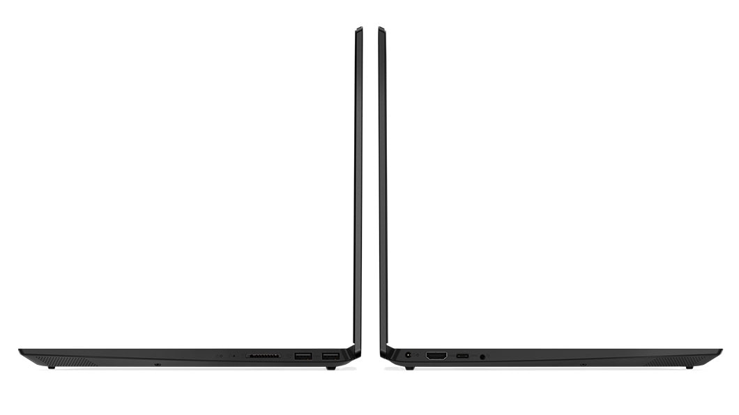 Right and left side view of two Lenovo IdeaPad S340 (15, AMD) open 90 degrees 