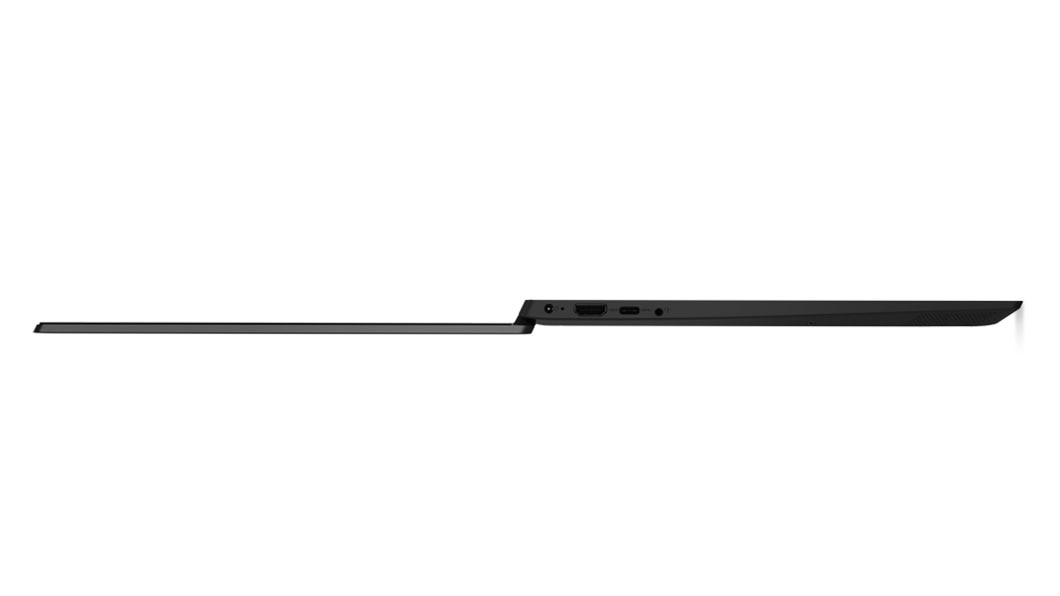 Side view of Lenovo IdeaPad S340 (15, AMD) open 180 degrees showing ports