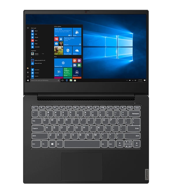 Lenovo IdeaPad S340 (14, Intel) open 180 degrees showing display and backlit keyboard 