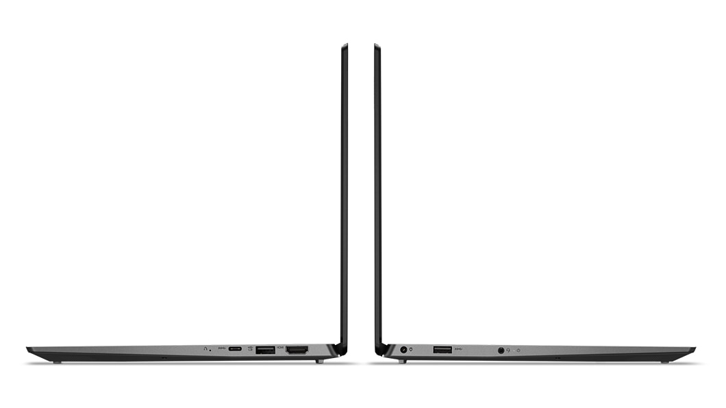 Lenovo Ideapad S530 laptop open 90 degrees, right and left side views of ports.