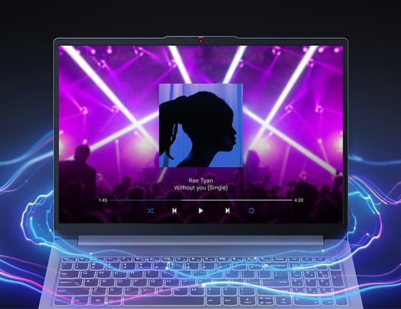 Front facing view of the IdeaPad Slim 3 Gen 8 laptop against a black background, showing music video playing on the screen and illustrative sound vibrations emanating from the laptop.