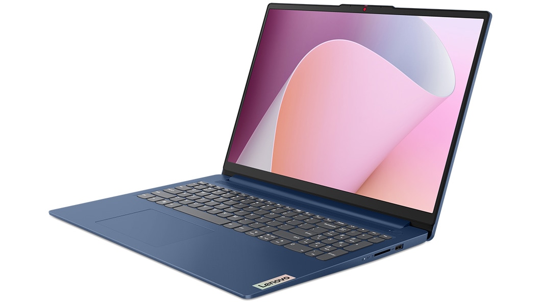 Front right, three-quarter view of IdeaPad Slim 3 Gen 8 laptop in Abyss Blue finish