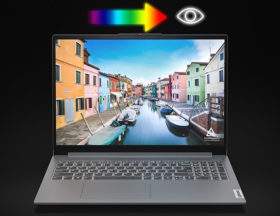 Front facing view of the Lenovo IdeaPad Slim 3i Gen 8 laptop against a black background, showing a city canal scene on the screen