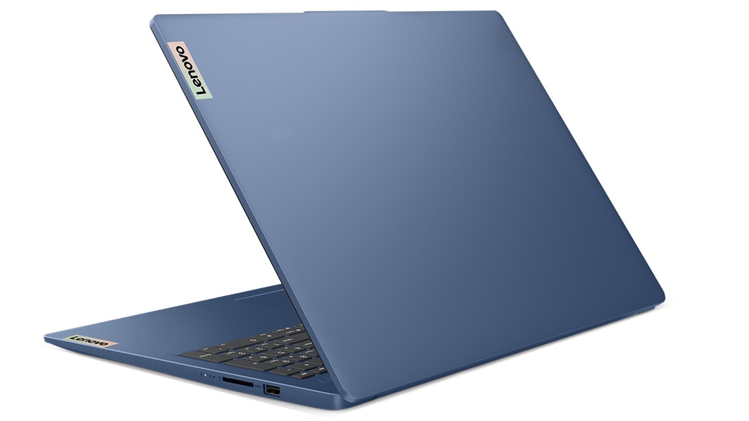 Rear right, three-quarter view of the IdeaPad Slim 3i Gen 8 in Abyss Blue finish