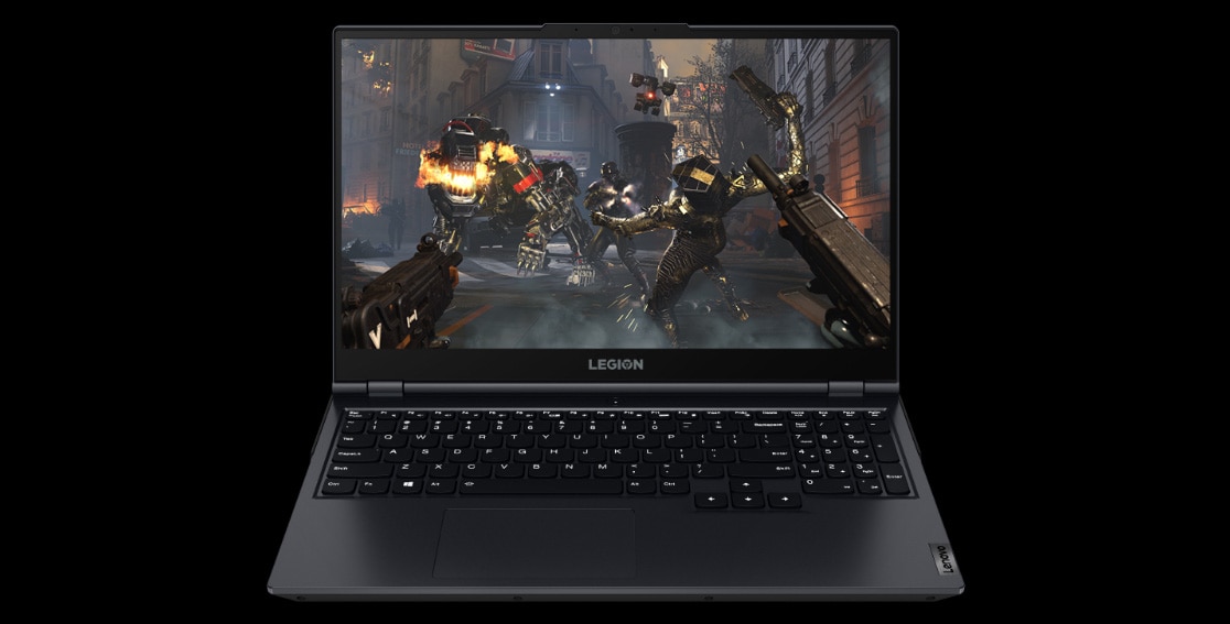 Vista frontal de la laptop gamer Legion 5 6ta Gen 15.6”, AMD abierta a poco más de 90°
