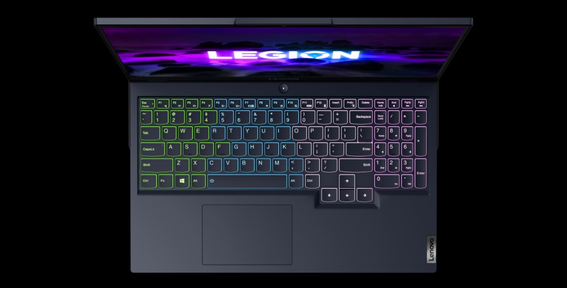 Vista superior del teclado la laptop gamer Legion 5 6ta Gen 15.6”, AMD retroiluminado