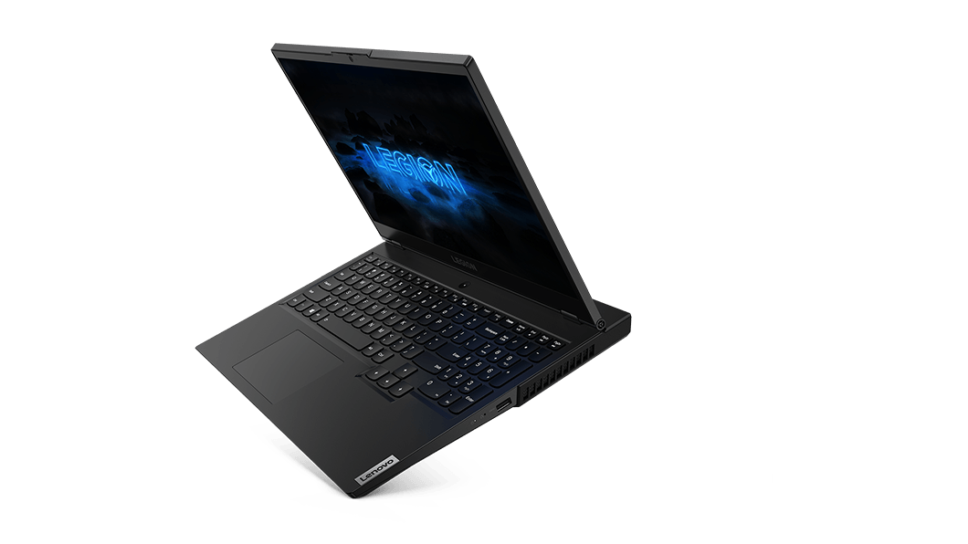 Right angle view of the Lenovo Legion 5 15 laptop, open at a right angle